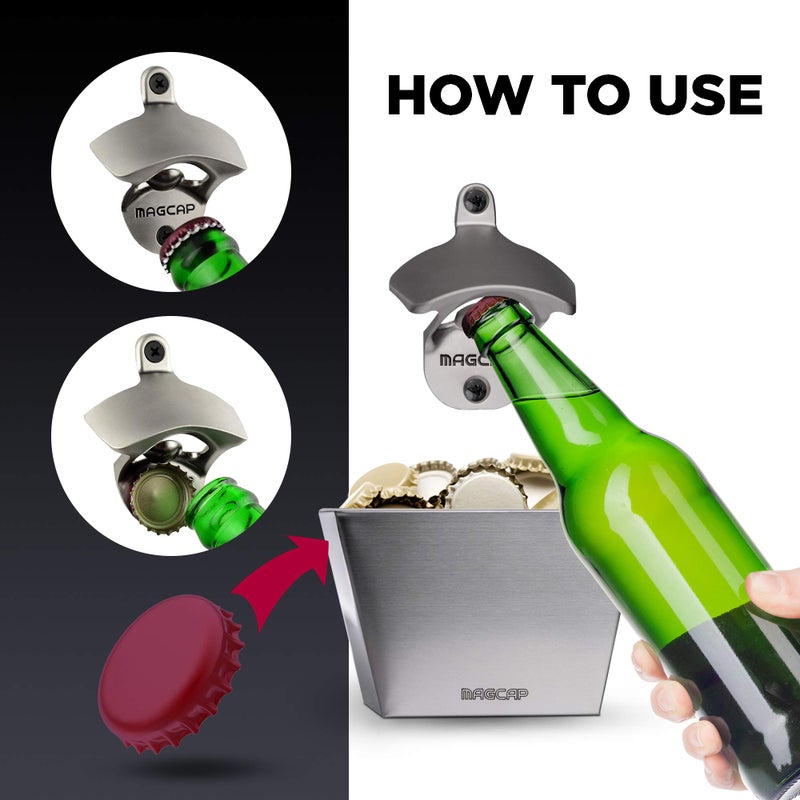 MAGCAP Magnetic Wall Mounted Bar - Style Bottle Opener and Bottle Cap Catcher Set for Beer and Sodas - Stylish, Easy to Install and Effortless to Use - Collects the Caps so You Don't Have to! - Image 4